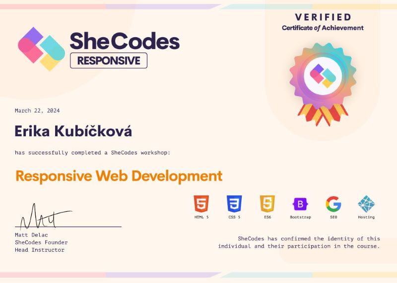 Certificate SheCodes Responsive | Erika Kubíčková